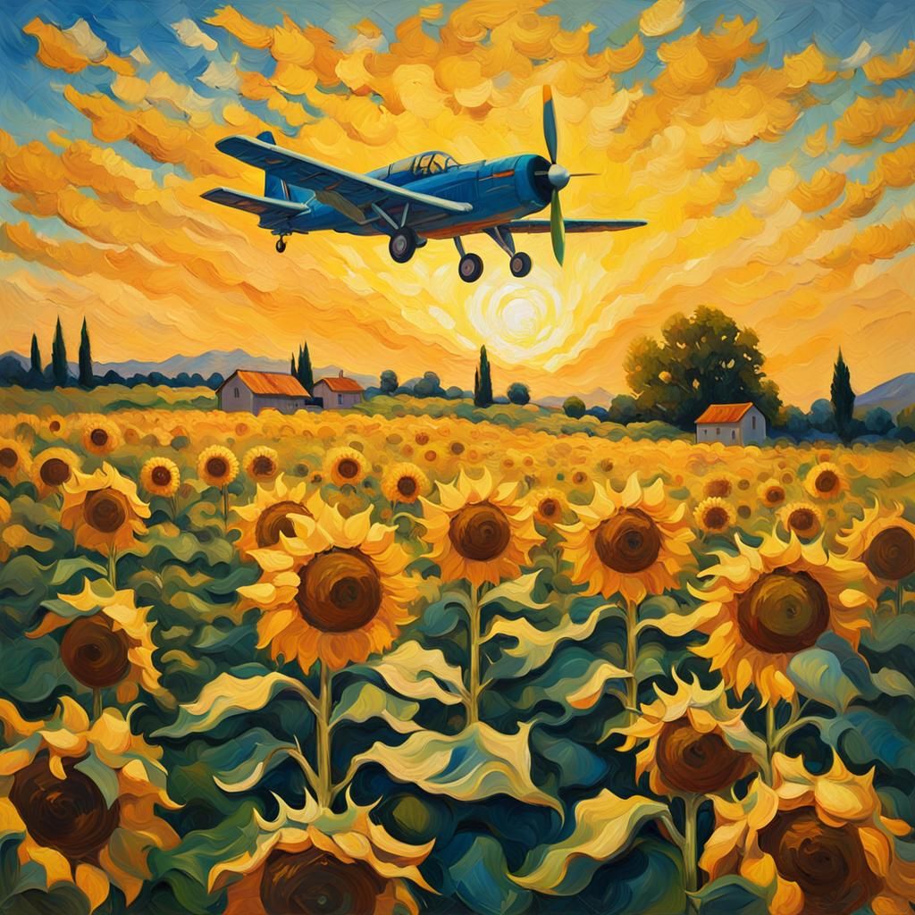 Fighter Plane Over Sunflowers: Van Gogh-Style Oil Painting