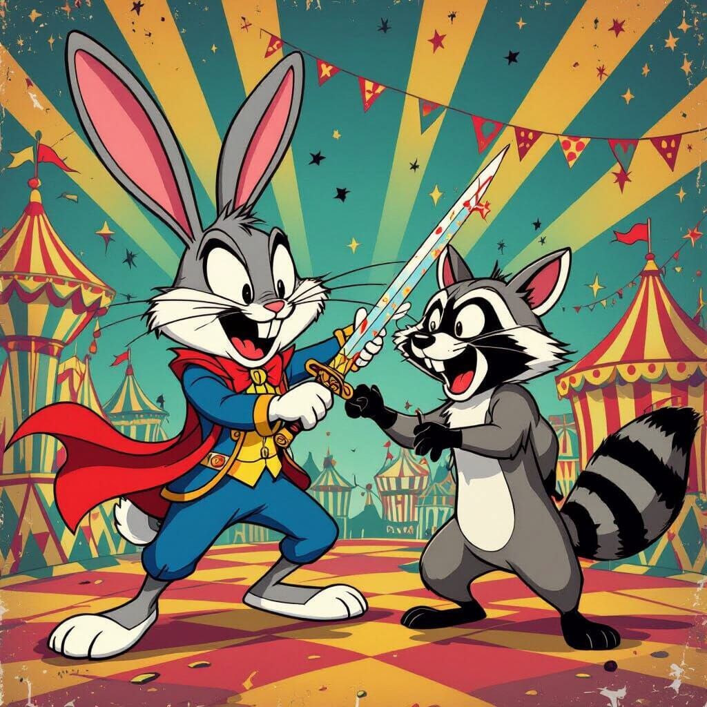 Rabbit Villain Stabs Raccoon in Surreal Carnival Scene
