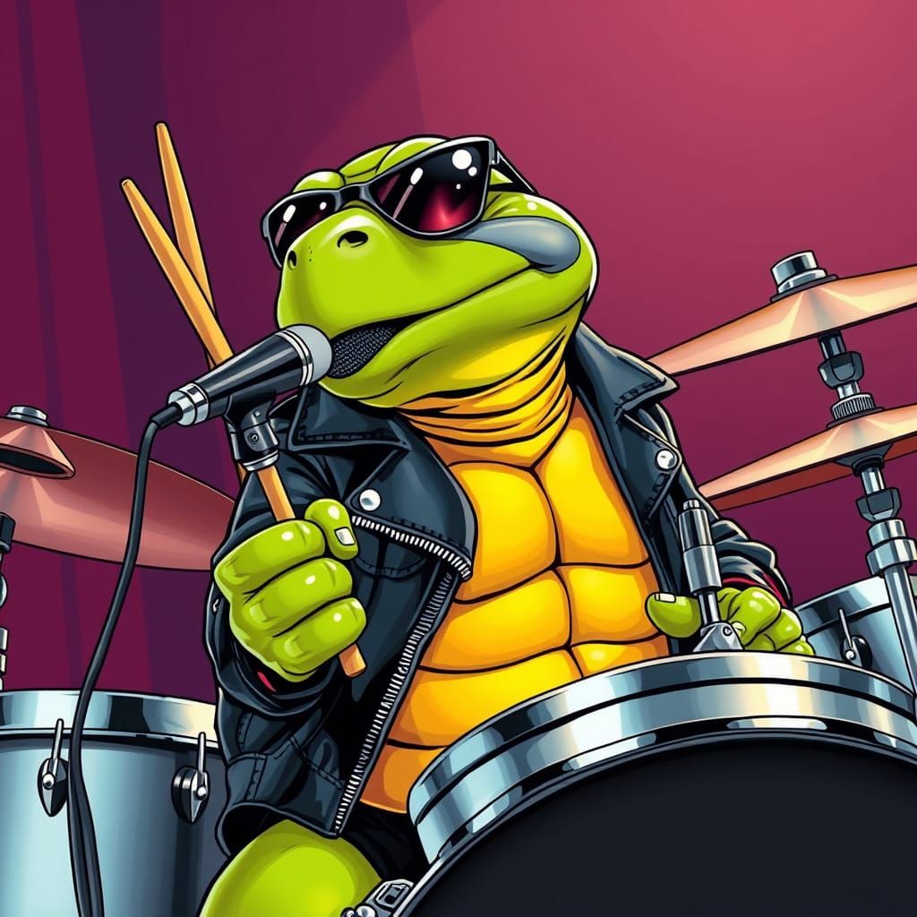 A Singing Turtle with a metal drum caricature manga style