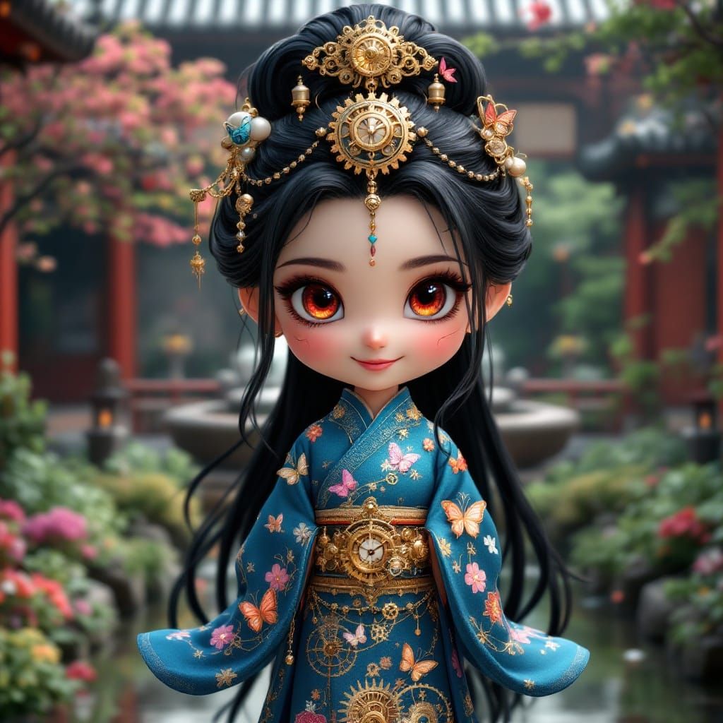 Steampunk Chibi Girl Dances in Japanese Garden