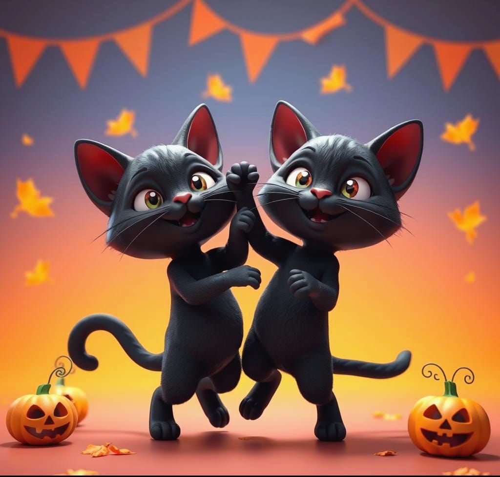 Chibi Black Cats Dancing in Halloween 3D Art