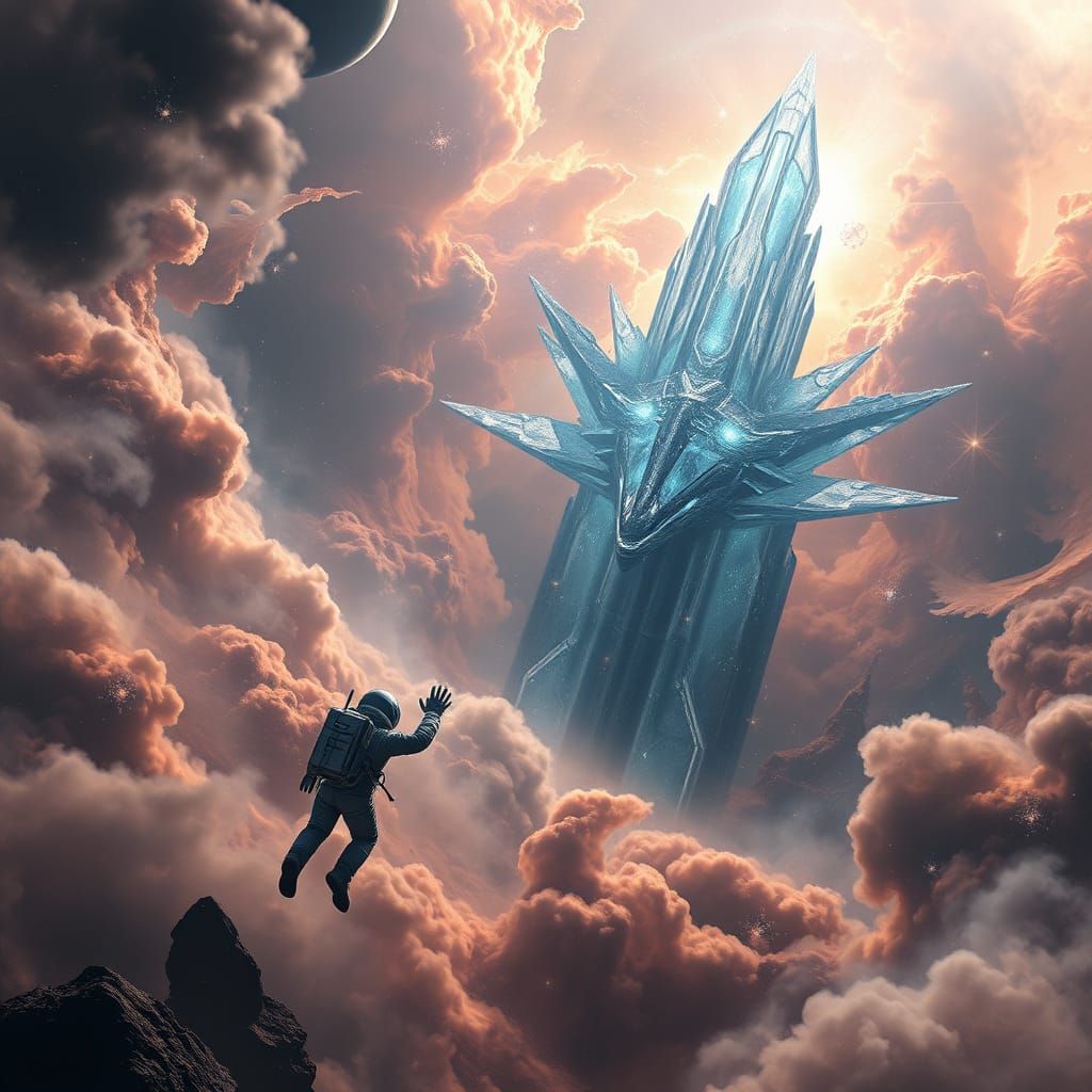 Astronaut Reaching for Crystalline Alien Structure