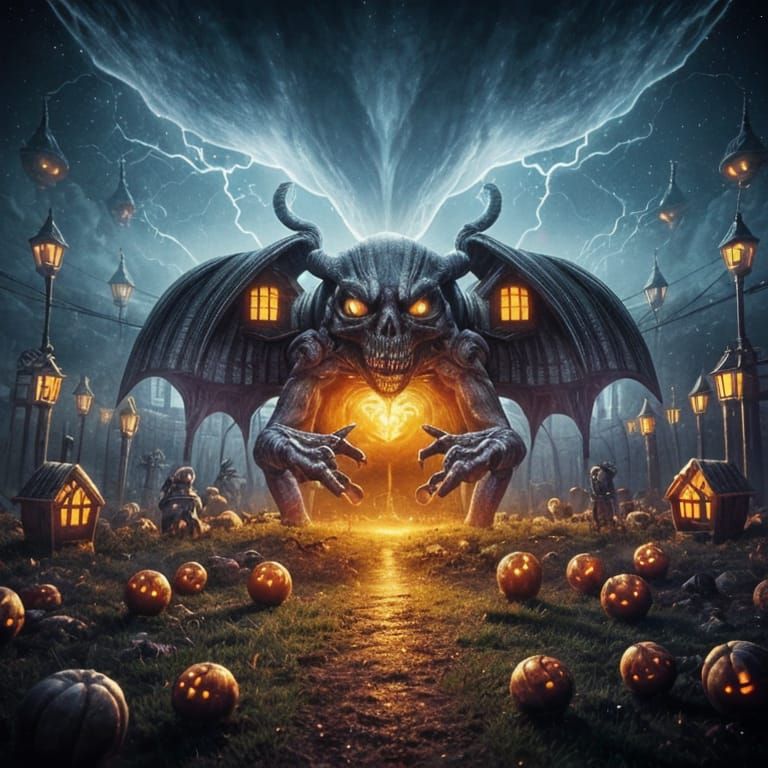 Halloween House with Skeletons in Ominous Thunderstorm