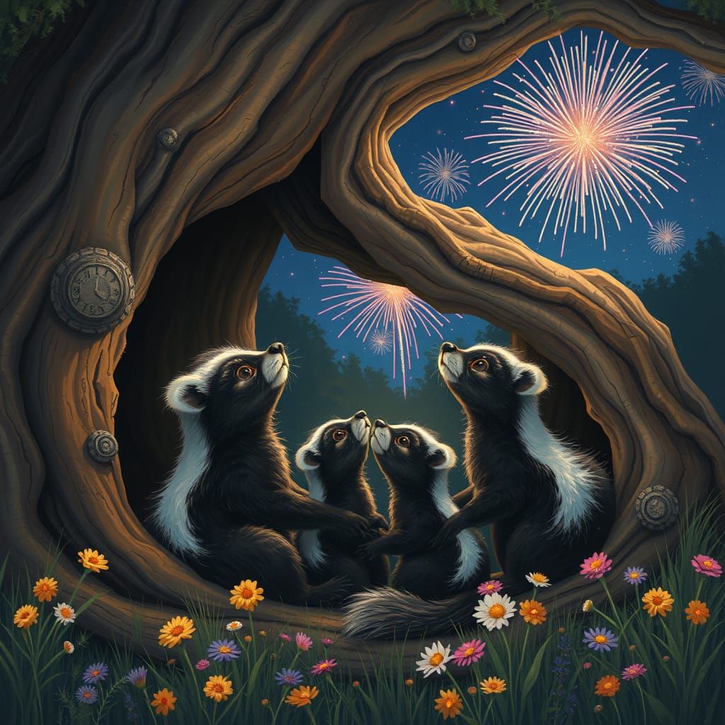 Skunk Family's Fireworks Display in Dreamy Art Style