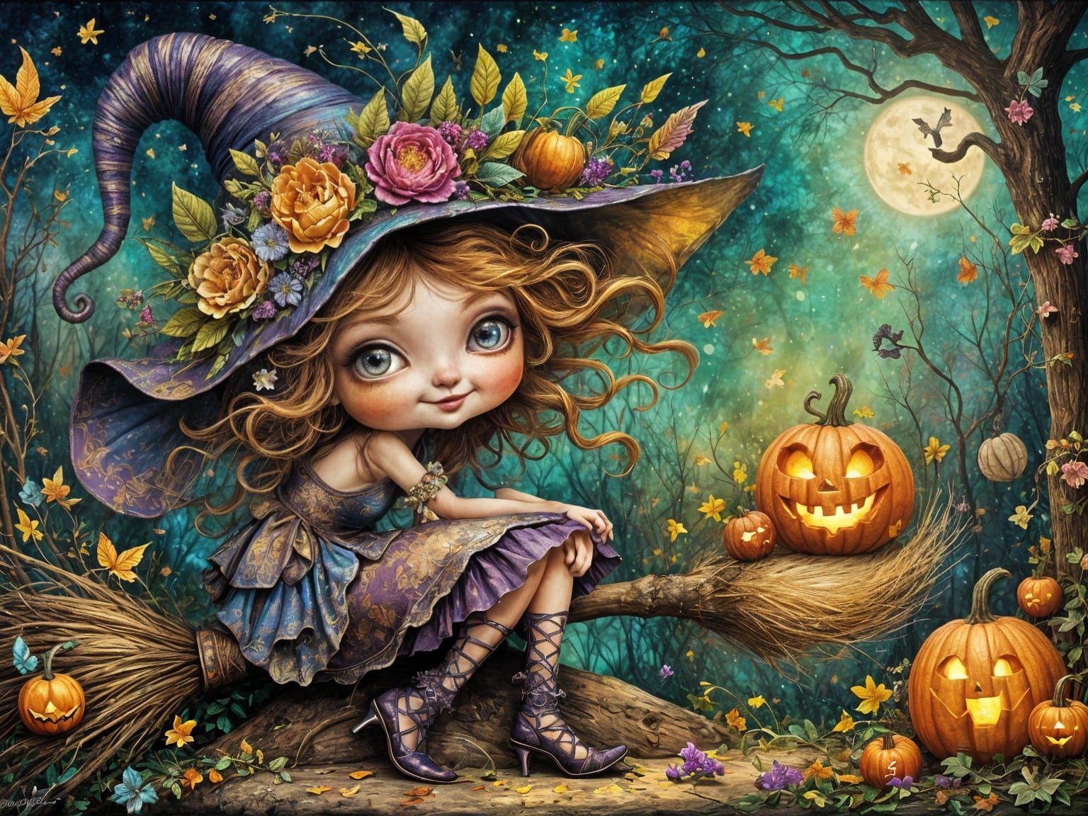 Mischievous Grýla on Broomstick in Fauvist Style