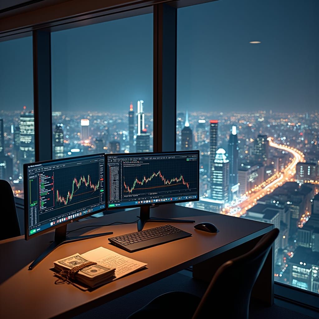 Modern Skyscraper Workspace with City Night View