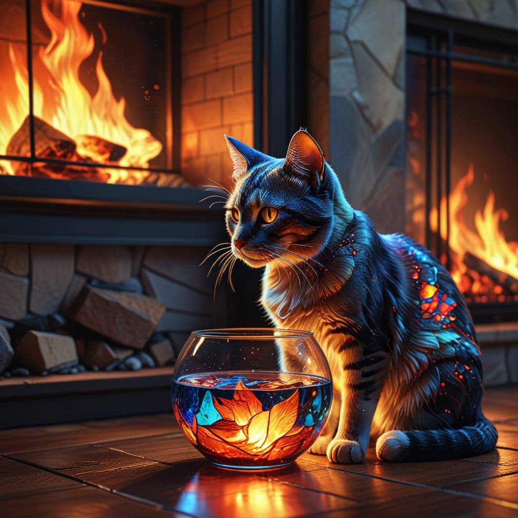 Stained Glass Cat in Fishbowl: Digital Painting