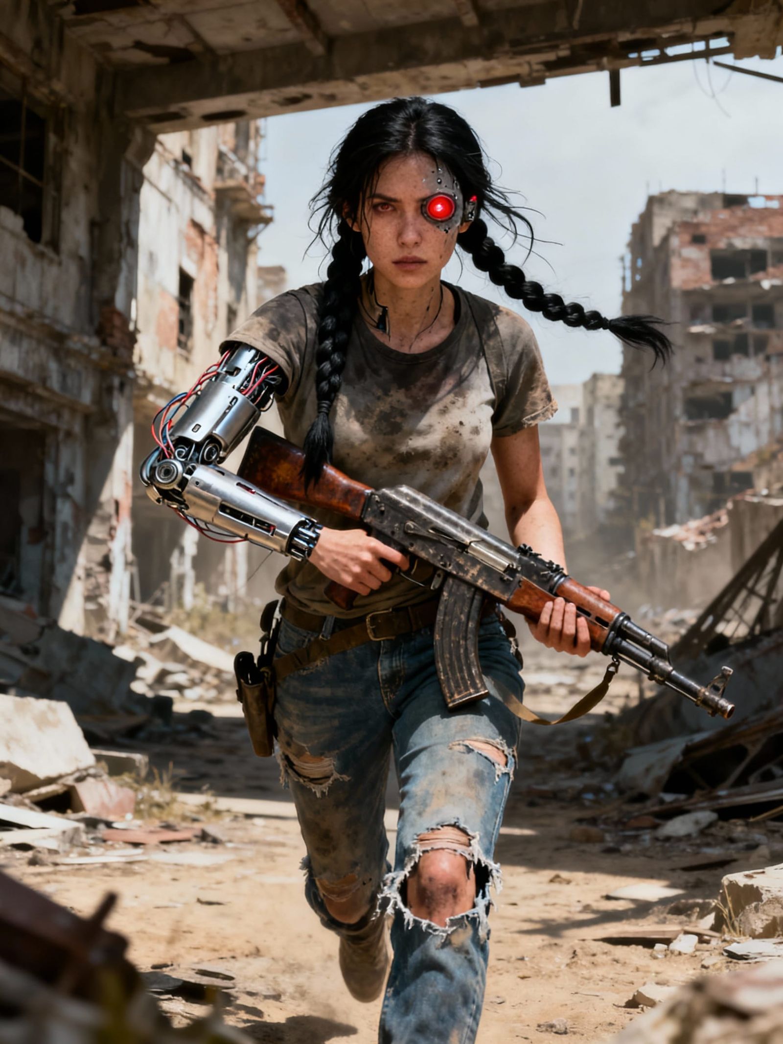 Post-Apocalyptic Cyborg Woman Advances Ready for Battle