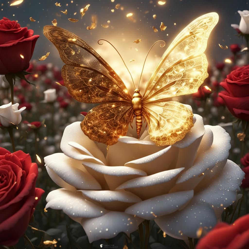 Golden Butterfly and Red Rose Fantasy Concept Art