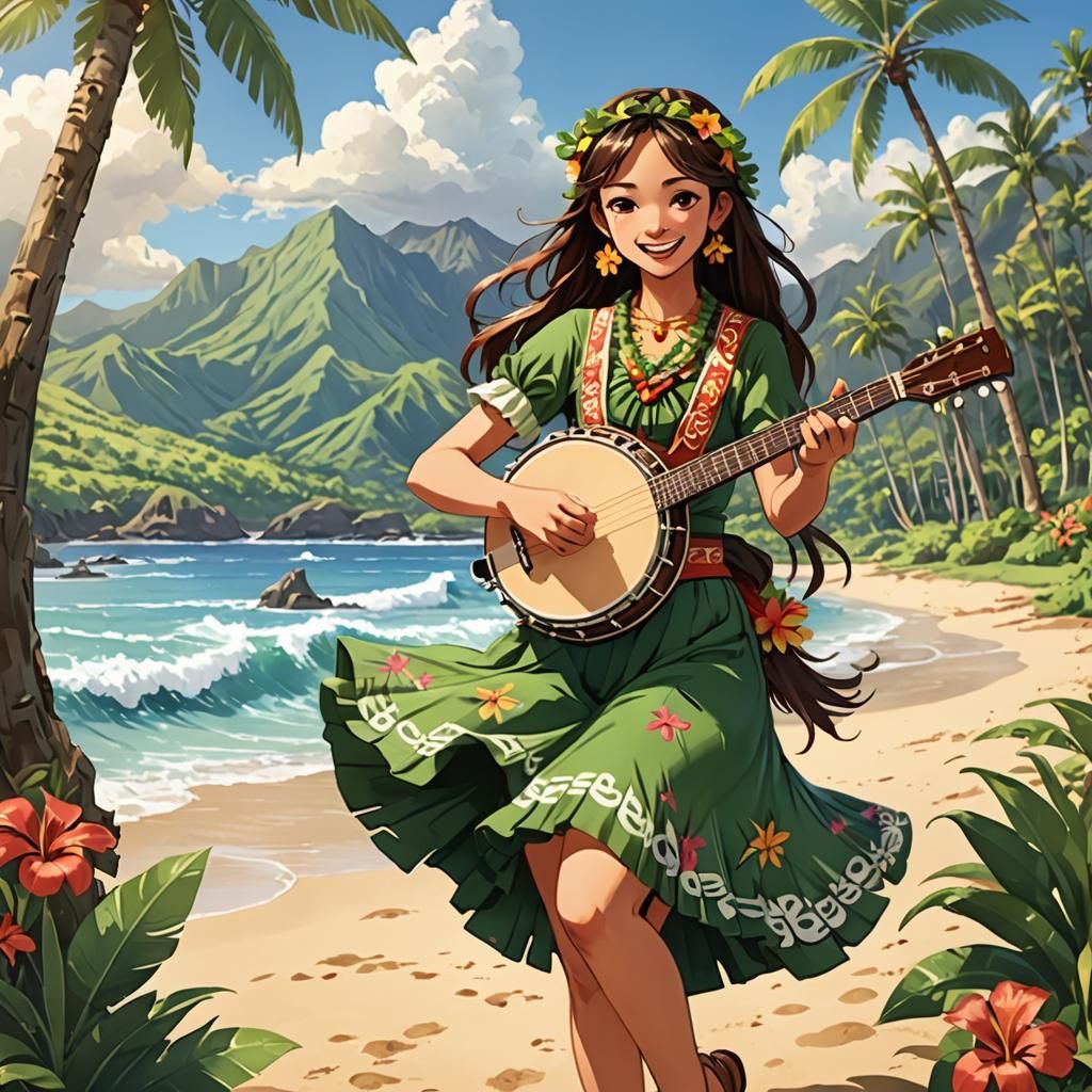Hula Dancer Plays Banjo in Anime Style, Hawaii
