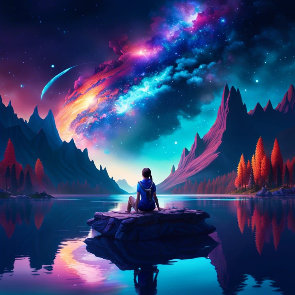 Girl Under Galaxy: Detailed Matte Painting