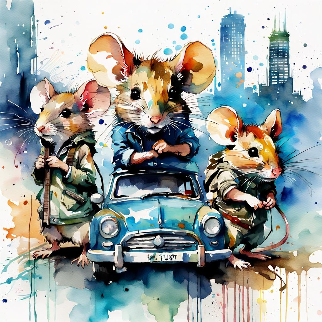 Watercolor Chibi Mice Tourists in Big City