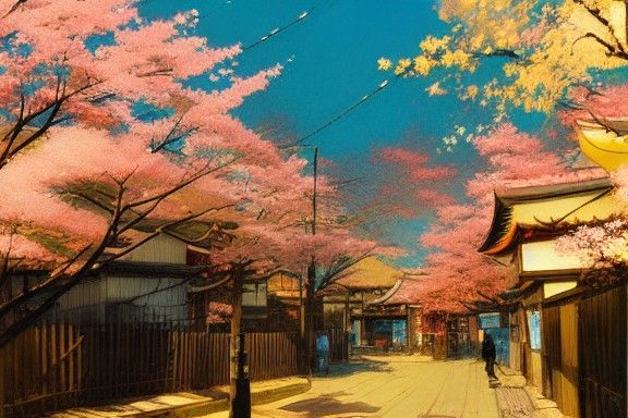 Anime Alleyway with Sakura Trees in Golden Hour