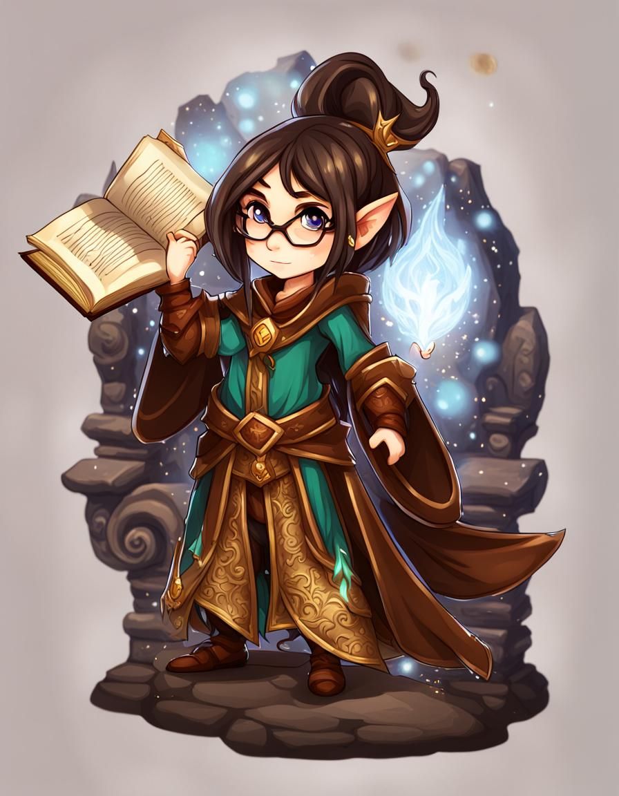 Chibi Elf Mage with Spellbook and Glasses