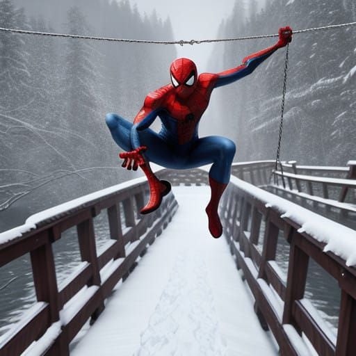 Spiderman swinging onto a snow covered bridge