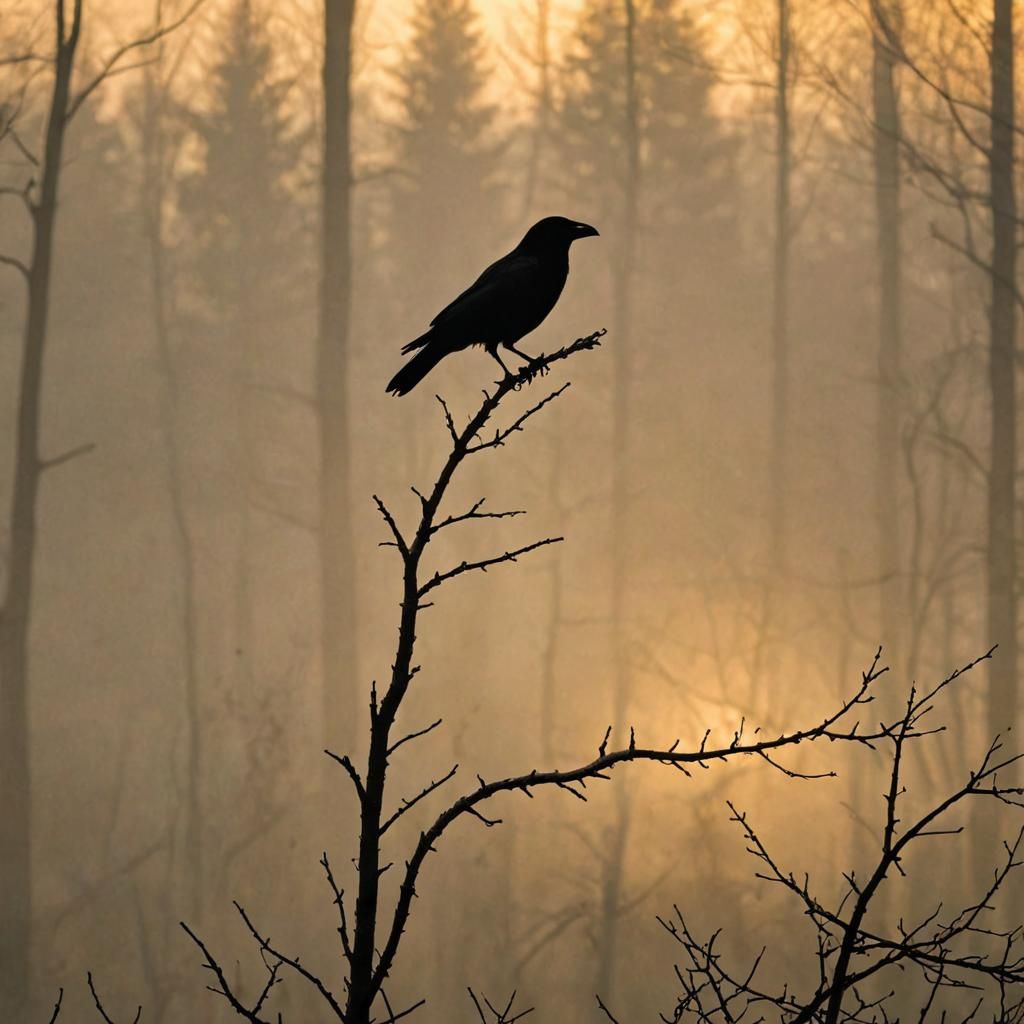 Crow Silhouette at Sunset in Misty Forest
