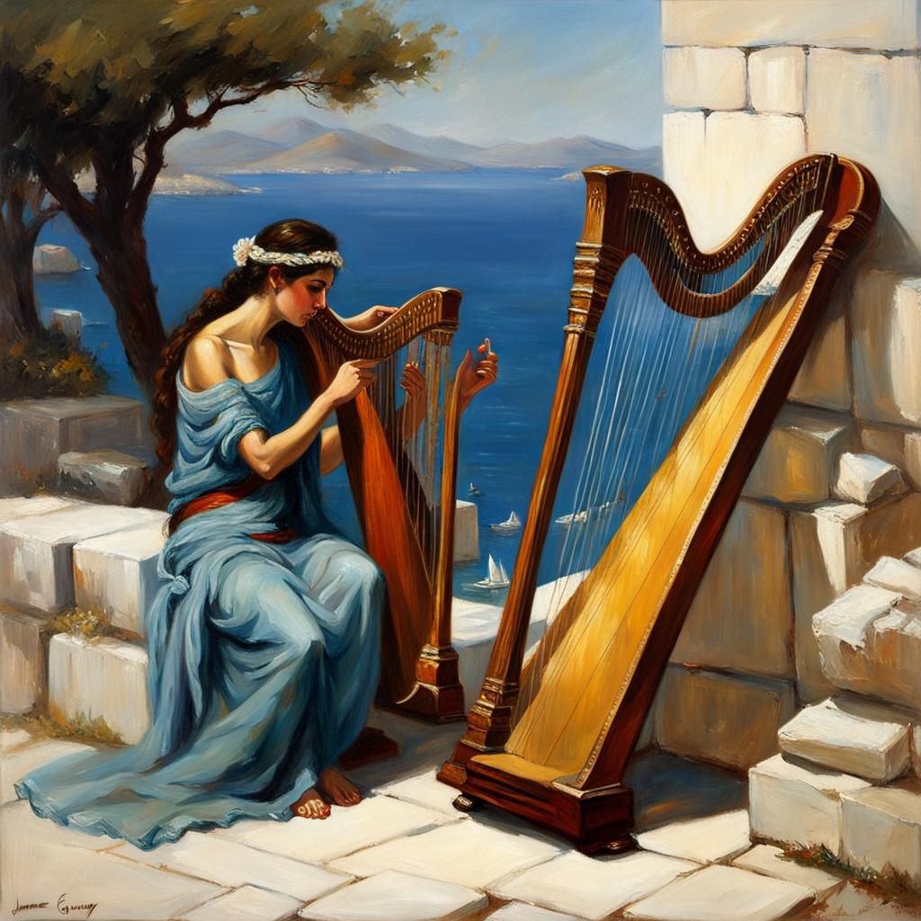Harp Duet: Greek Women in Oil Paint