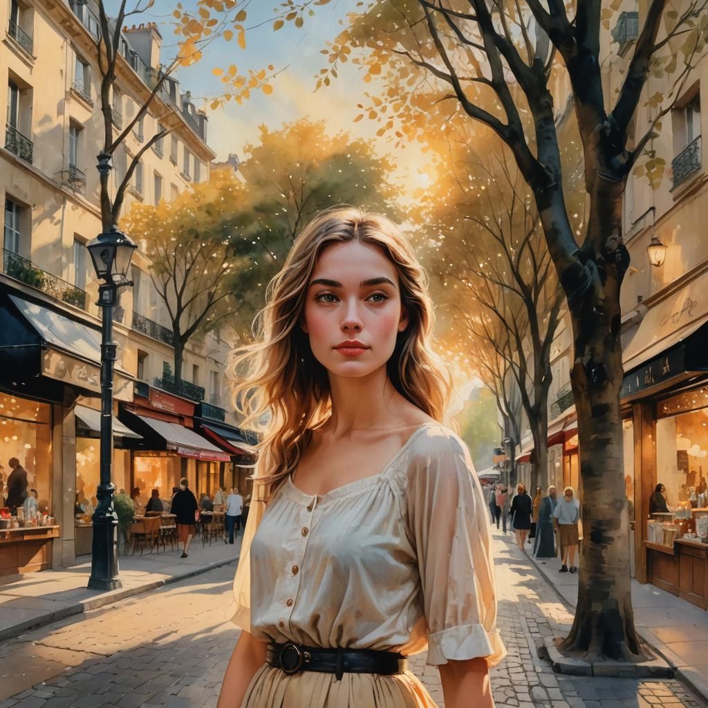 Parisienne Girl in Golden Hour: Impressionistic Street Scene