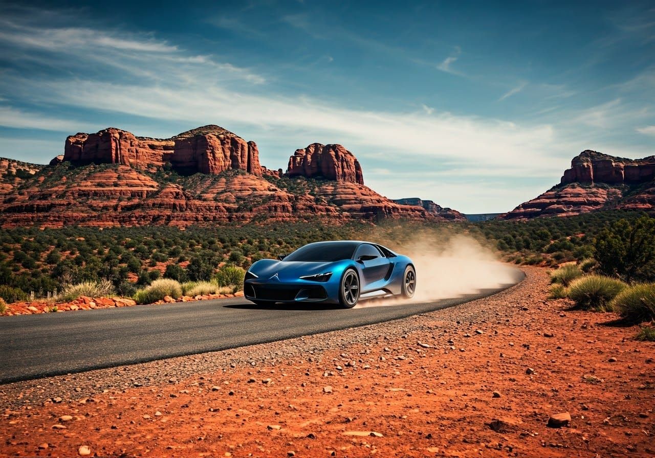 Sleek Blue Concept Car Speeds Through Sedona's Red Rock Land...