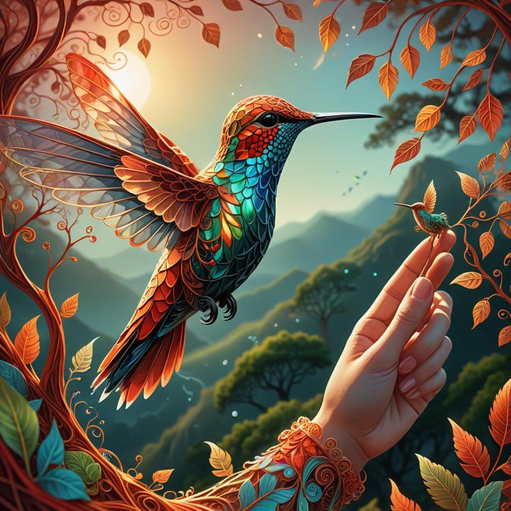 Hummingbird on Hand: Abstract Vector Fractal Art