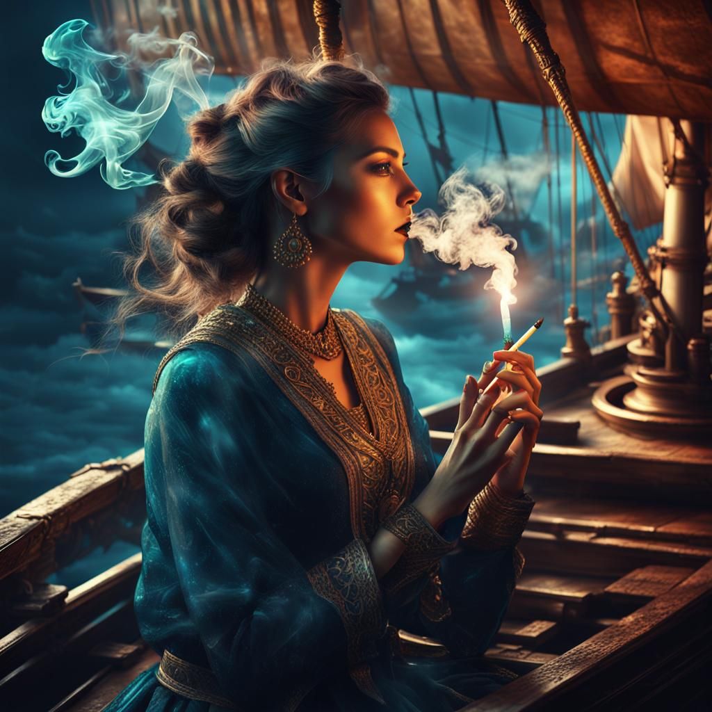 Ethereal Smoke Sail Ship Exhaled by Woman