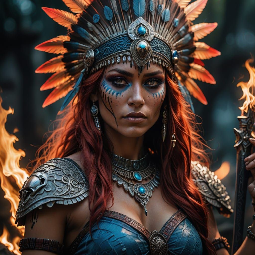 Surreal Cyberpunk Goddess in a Bikini Wields Sword and Skull