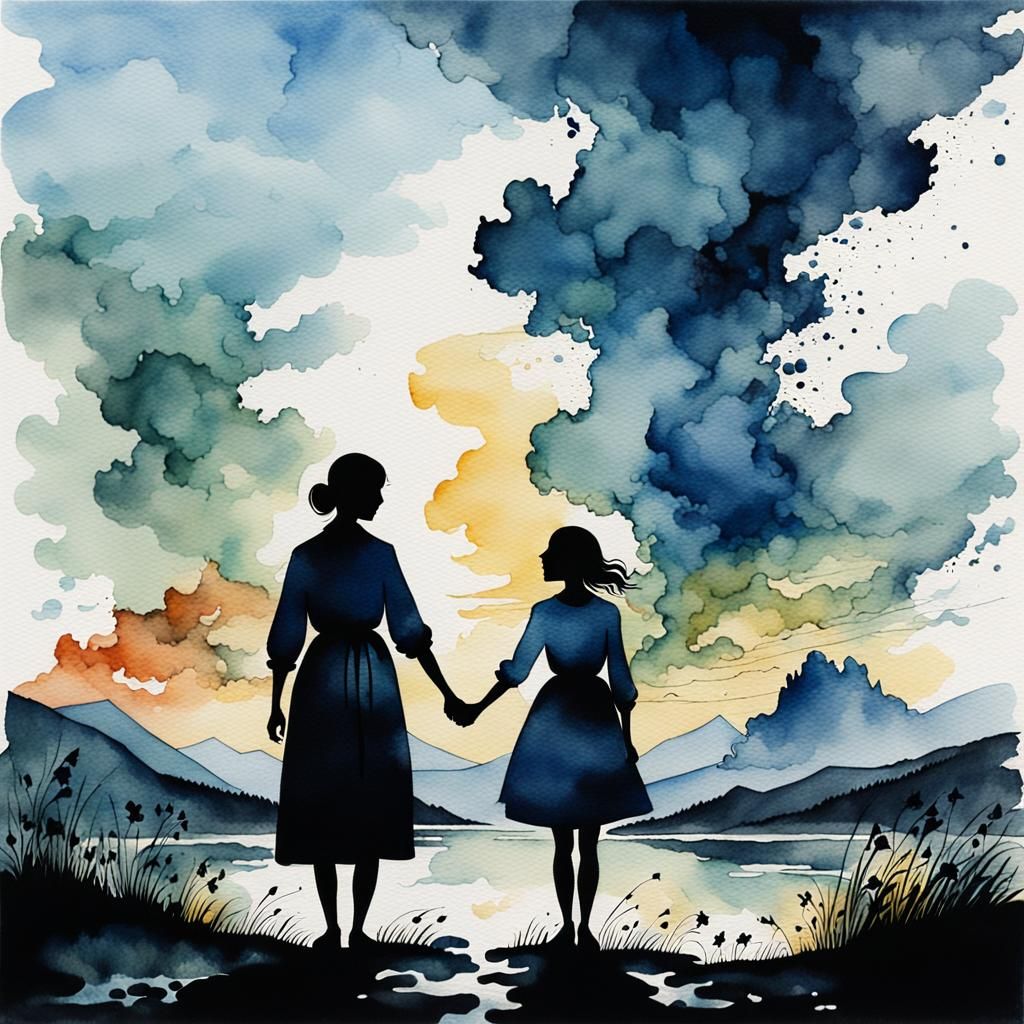 Watercolor Clouds Landscape with Figures