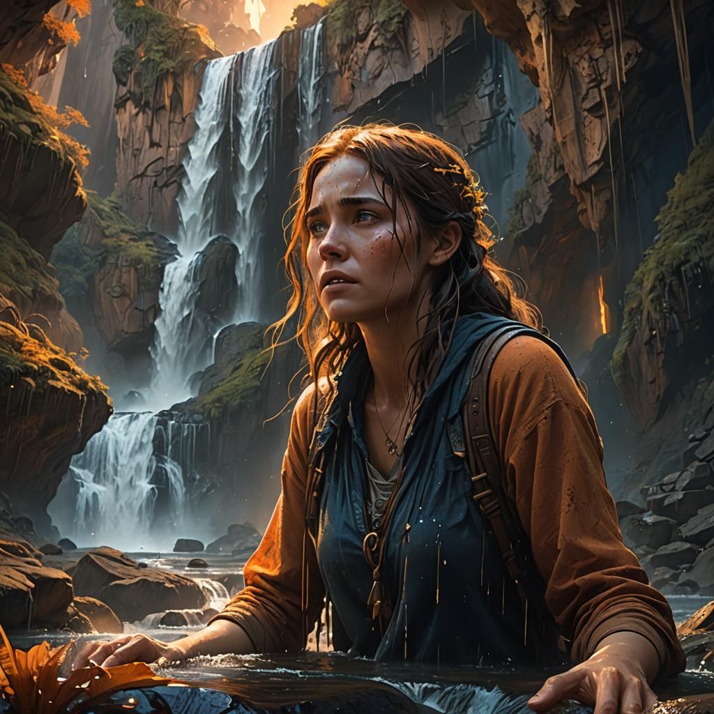 Woman Cries Waterfall in Fantasy Cave