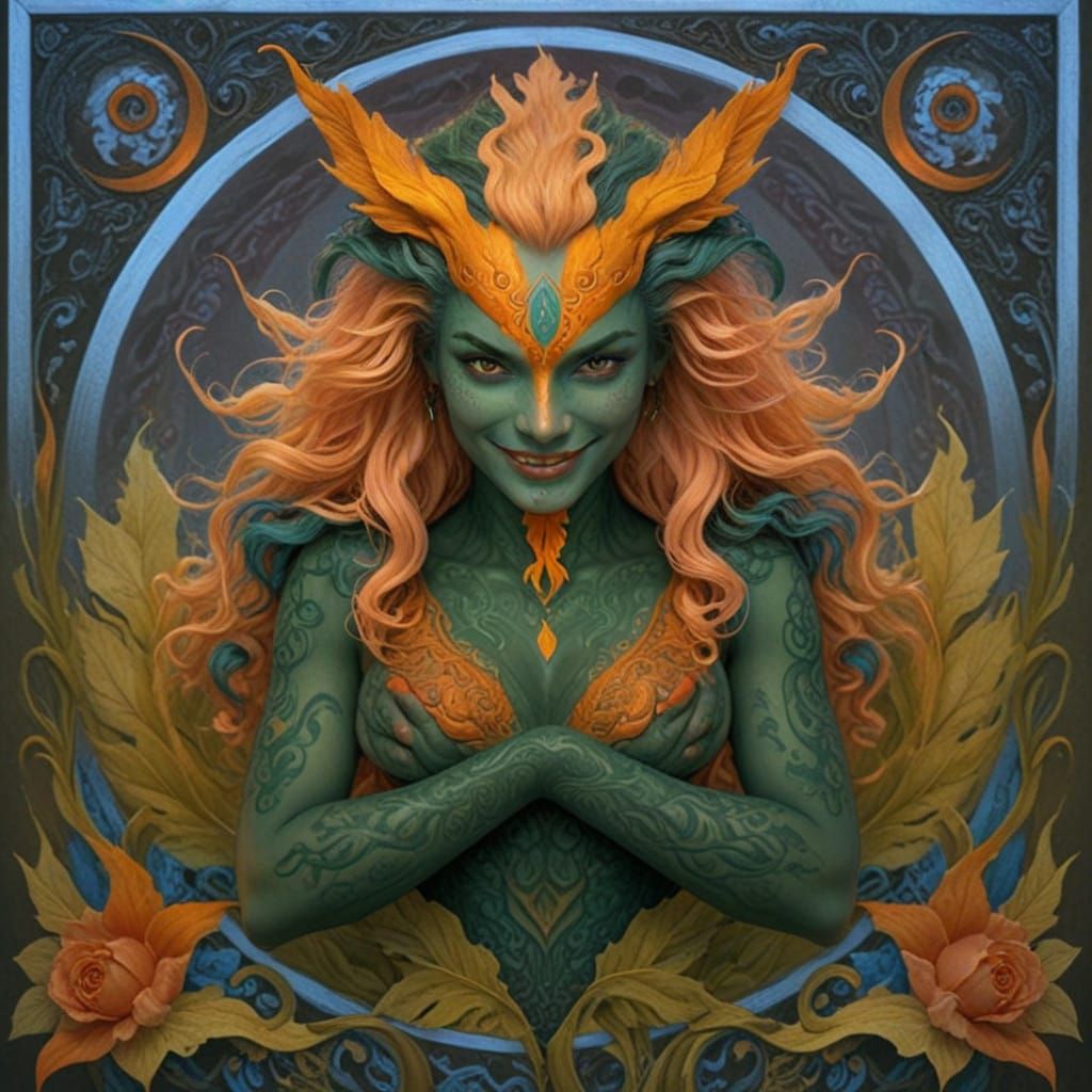 Elegant Goddess with Vibrant Pink Hair and Enigmatic Smile