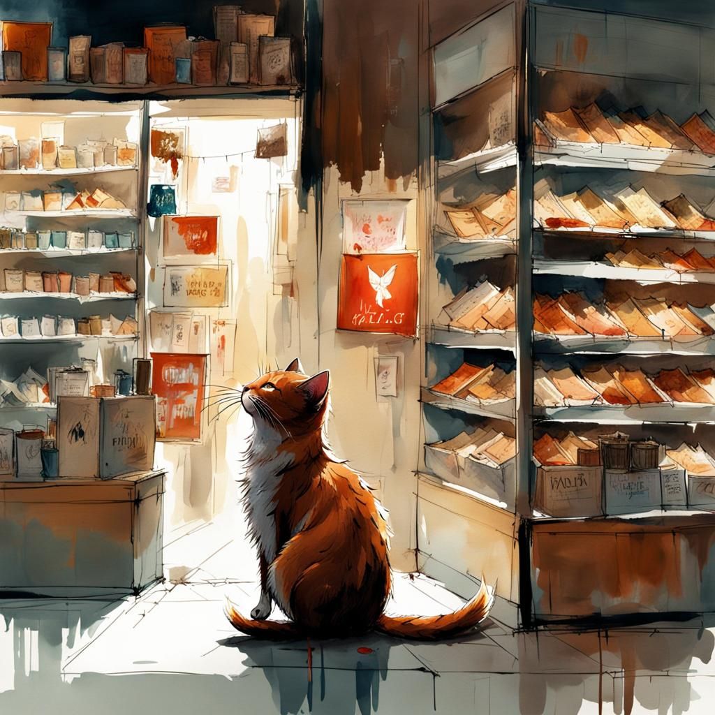 Winged Cat in Shop: Watercolor Splash Art
