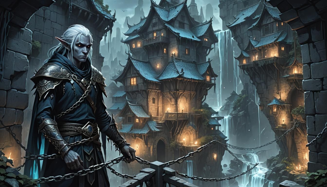 Drow Elf Overlooking Menzoberranzan in Dark Fantasy Style