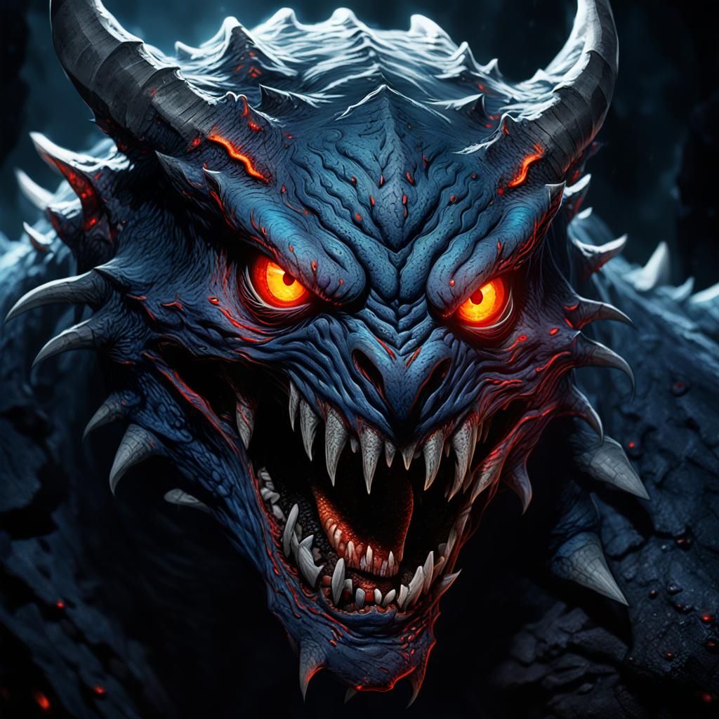 Terrifying Creature with Glowing Eyes in Dark Cavern