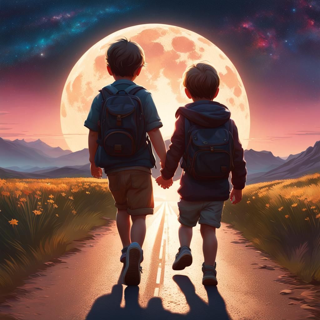 Toddlers Walking Under Starry Sky, Digital Art
