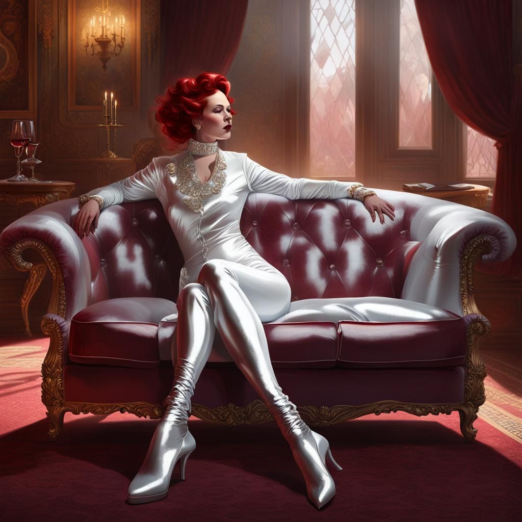 Woman in Latex Catsuit Relaxing in Old Home