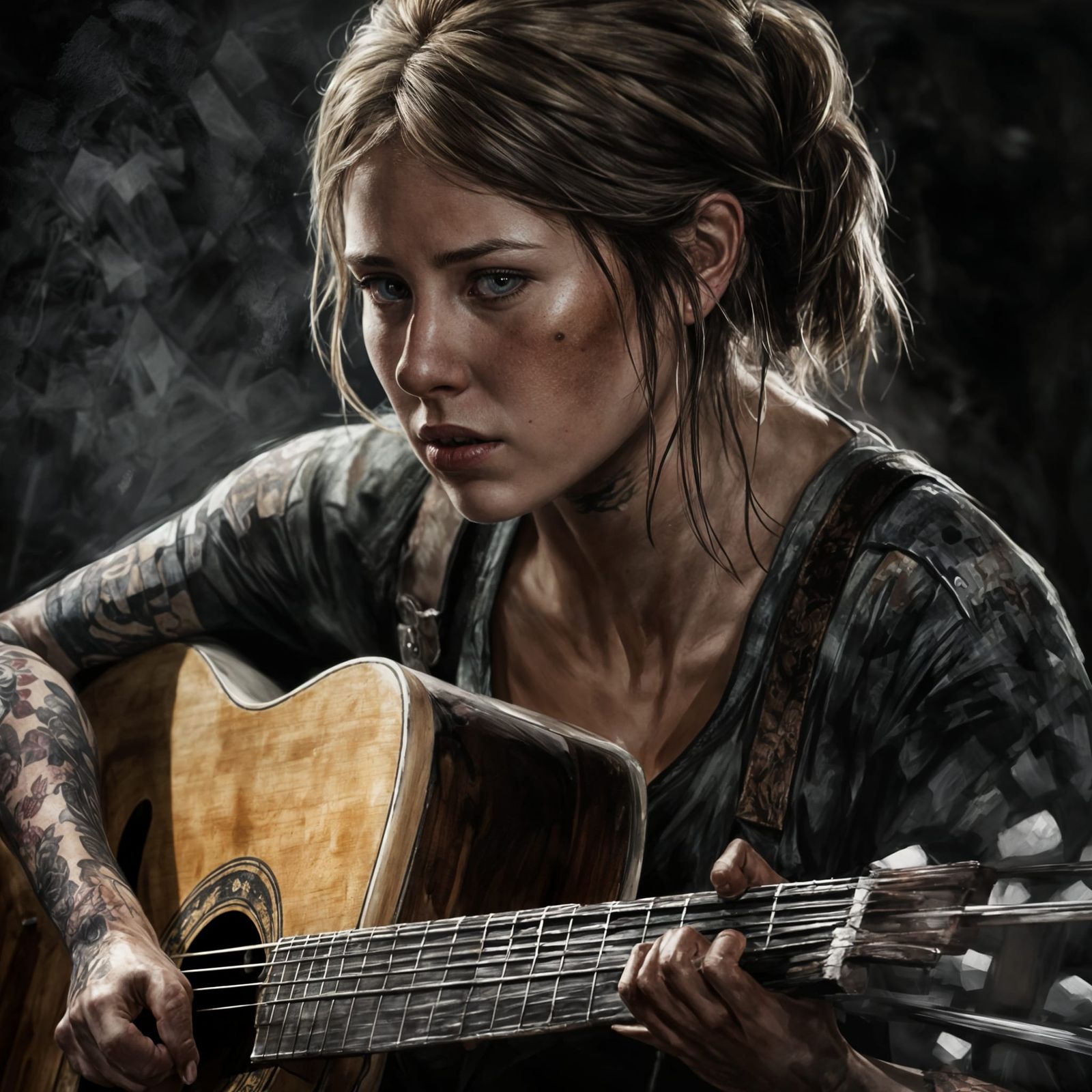 Ellie Plays Acoustic Guitar in Gritty Digital Art