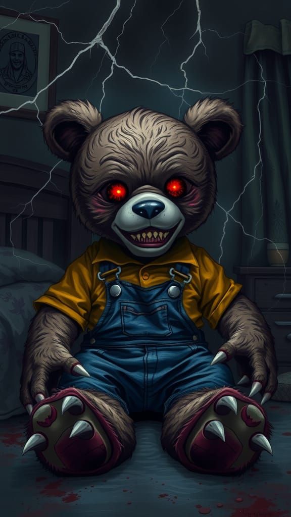 Creepy Teddy Bear with Glowing Red Eyes in Dimly Lit Room
