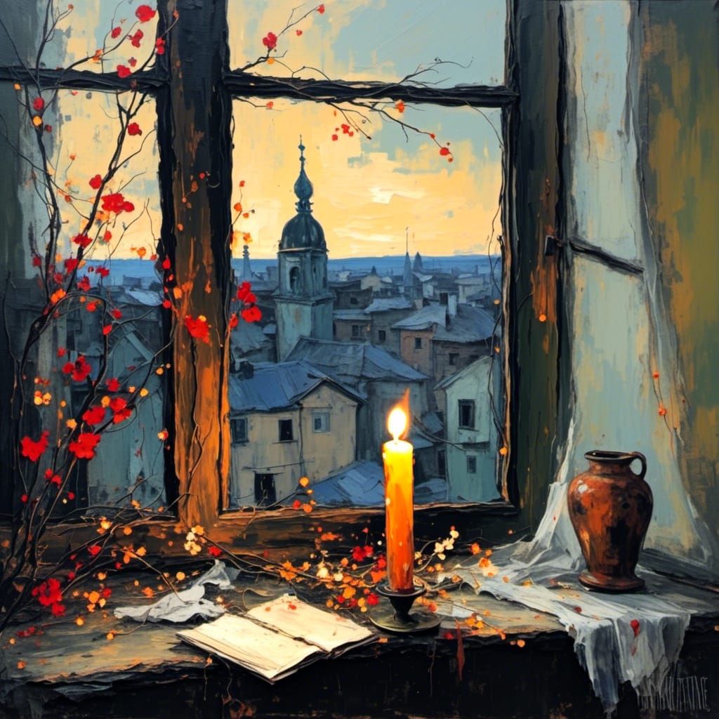 Abstract Candle Burning on a Windowsill