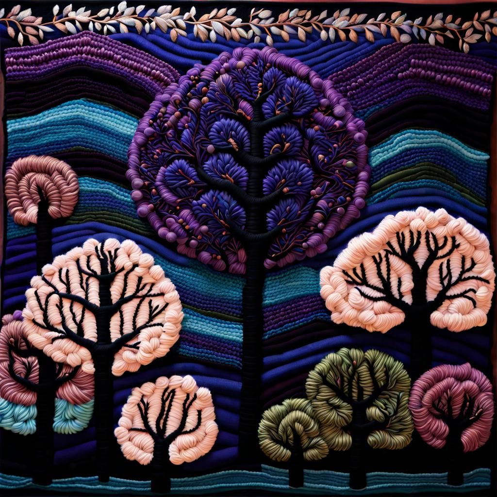 Twilight Garden: Fiber Art Tapestry of Magic Trees