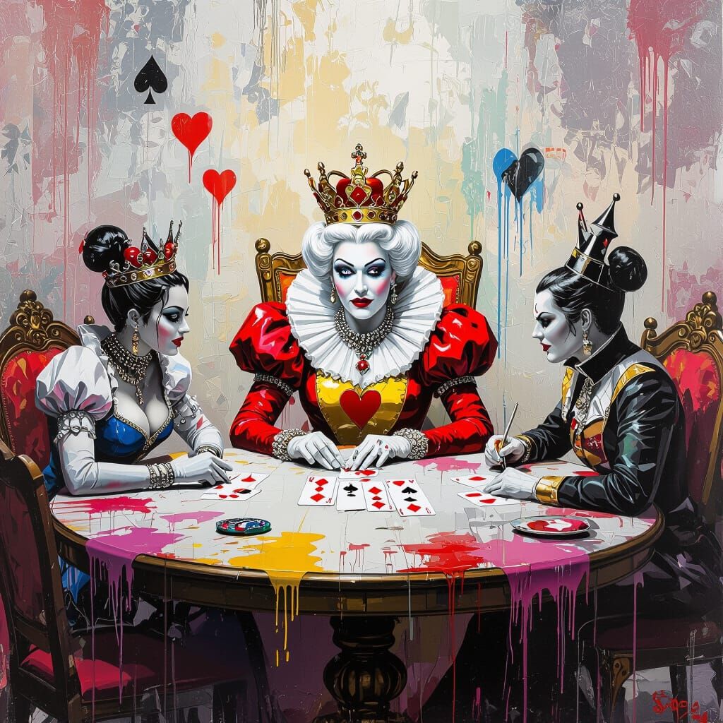 Queen of Hearts Court Plays Hearts in Graffiti Art Style