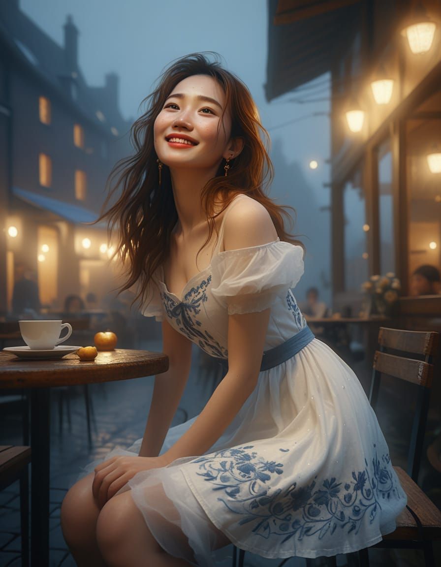 Korean Woman at Cafe in Romantic Realism Style