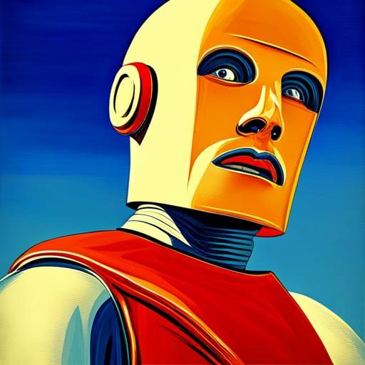 Golden Robot in Pop Art Style, Blue Sky