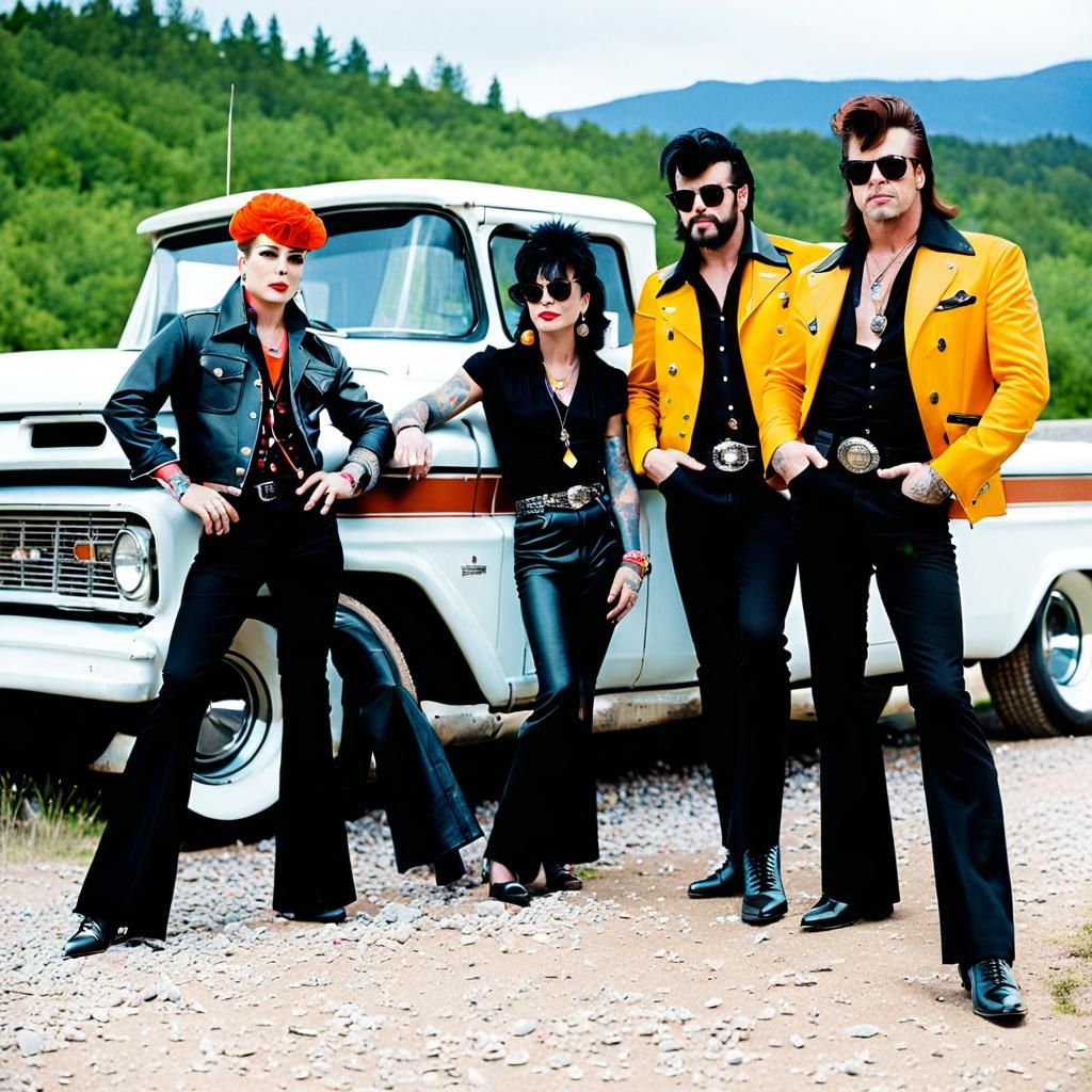 Rockabilly band standing next to a 1970s truck