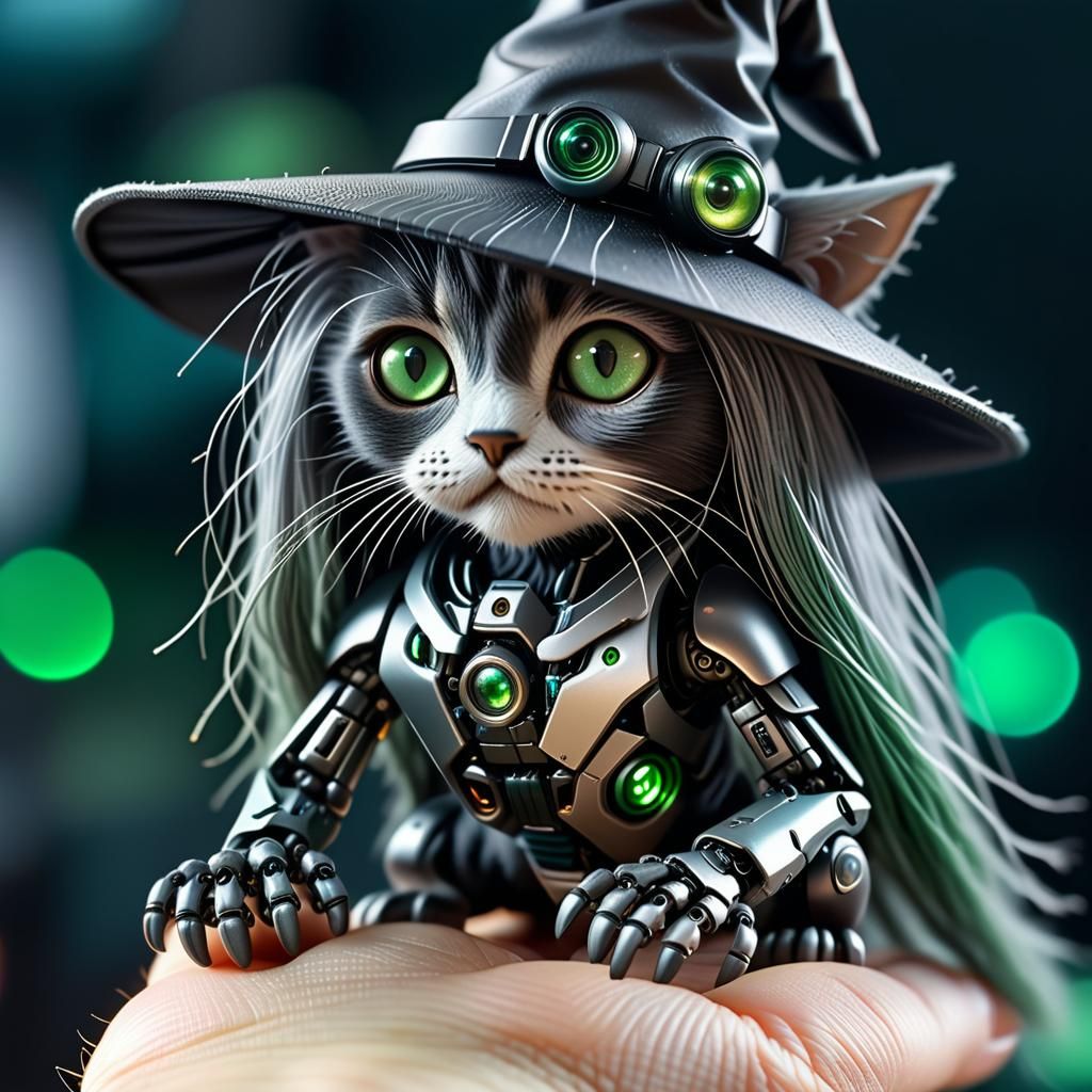 Hyperrealistic Macro of Kitten and Robotic Witch