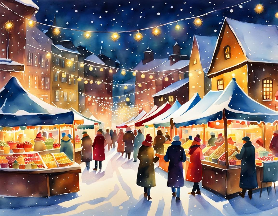 Whimsical Watercolor Christmas Market in Winter