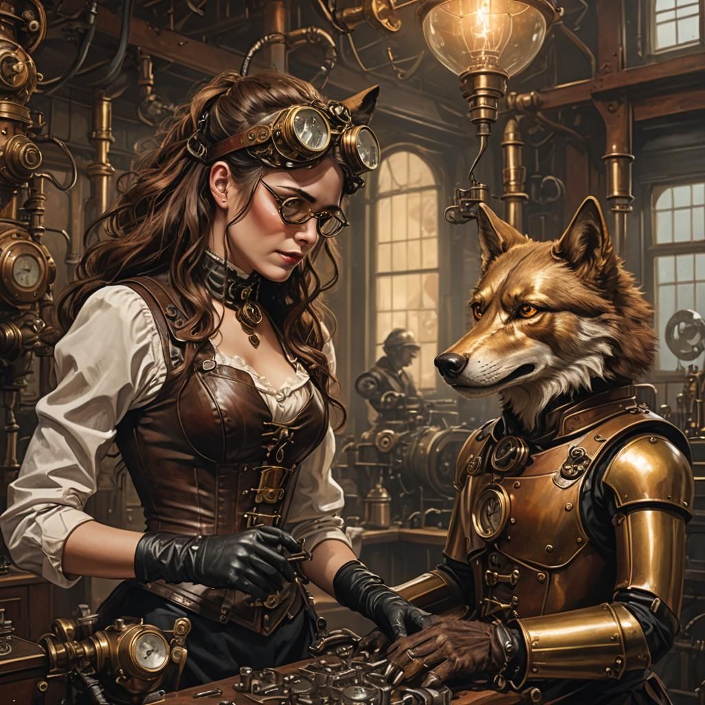 Steampunk Doctor Examines Wolf Patient in Laboratory