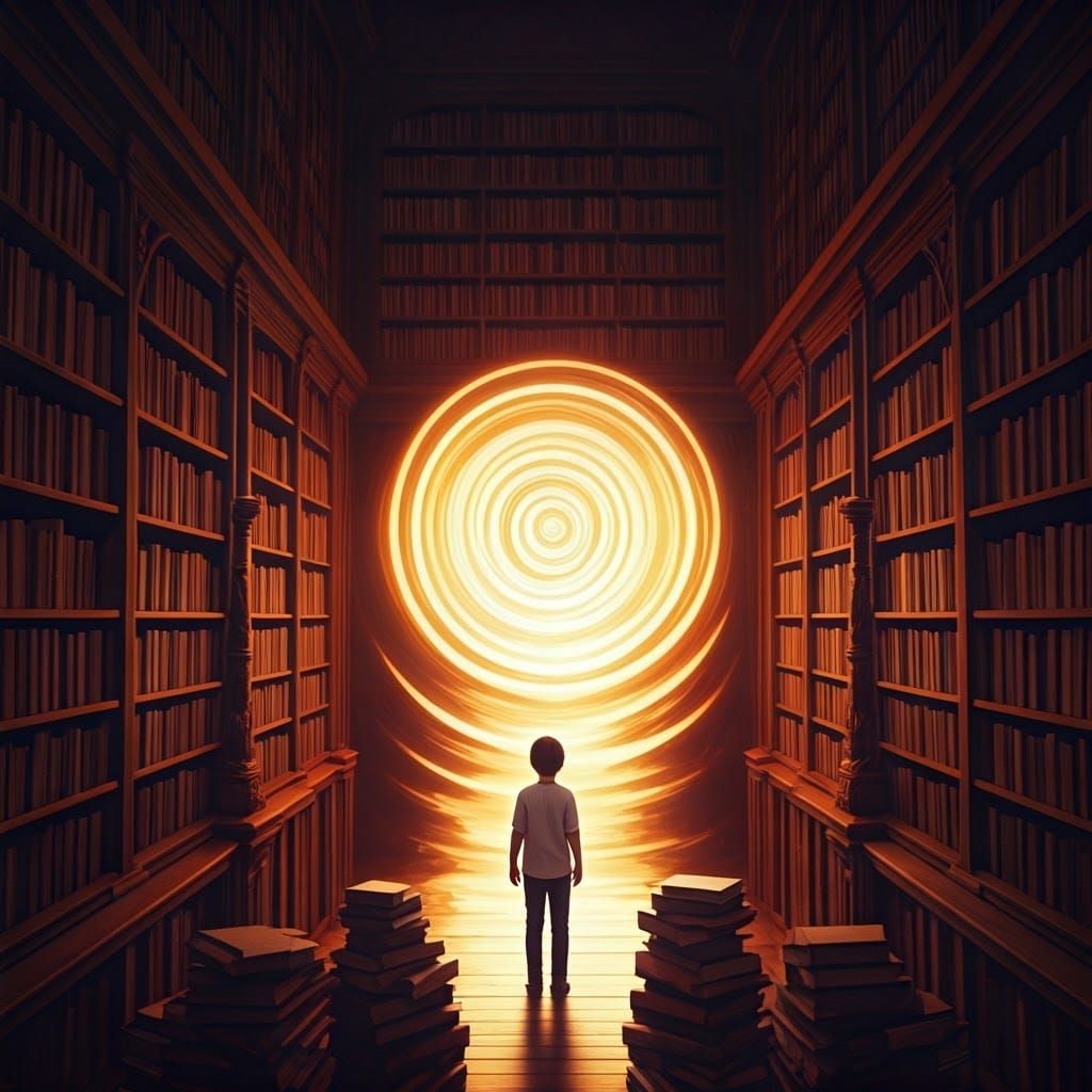 Boy Enters Mystical Library Dreamscape in Digital Painting S...