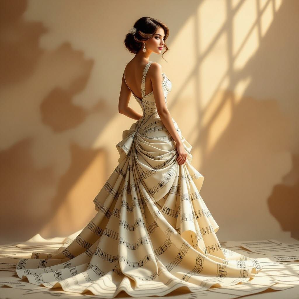 Elegant Woman Composed of Music Sheets in Pinup Style