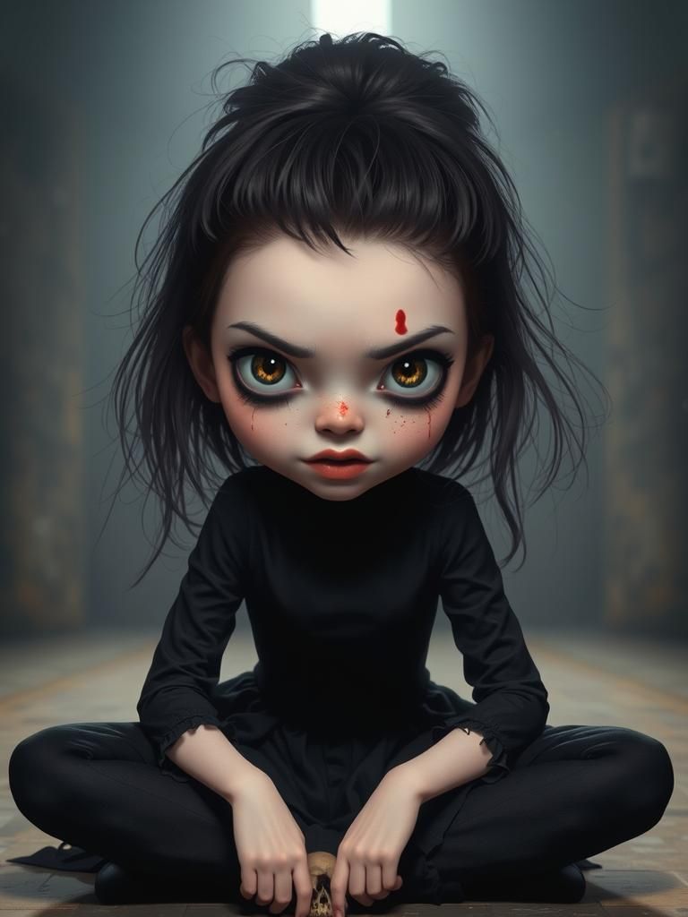 Eerie Cartoon Girl with Skull in Gothic Horror Style
