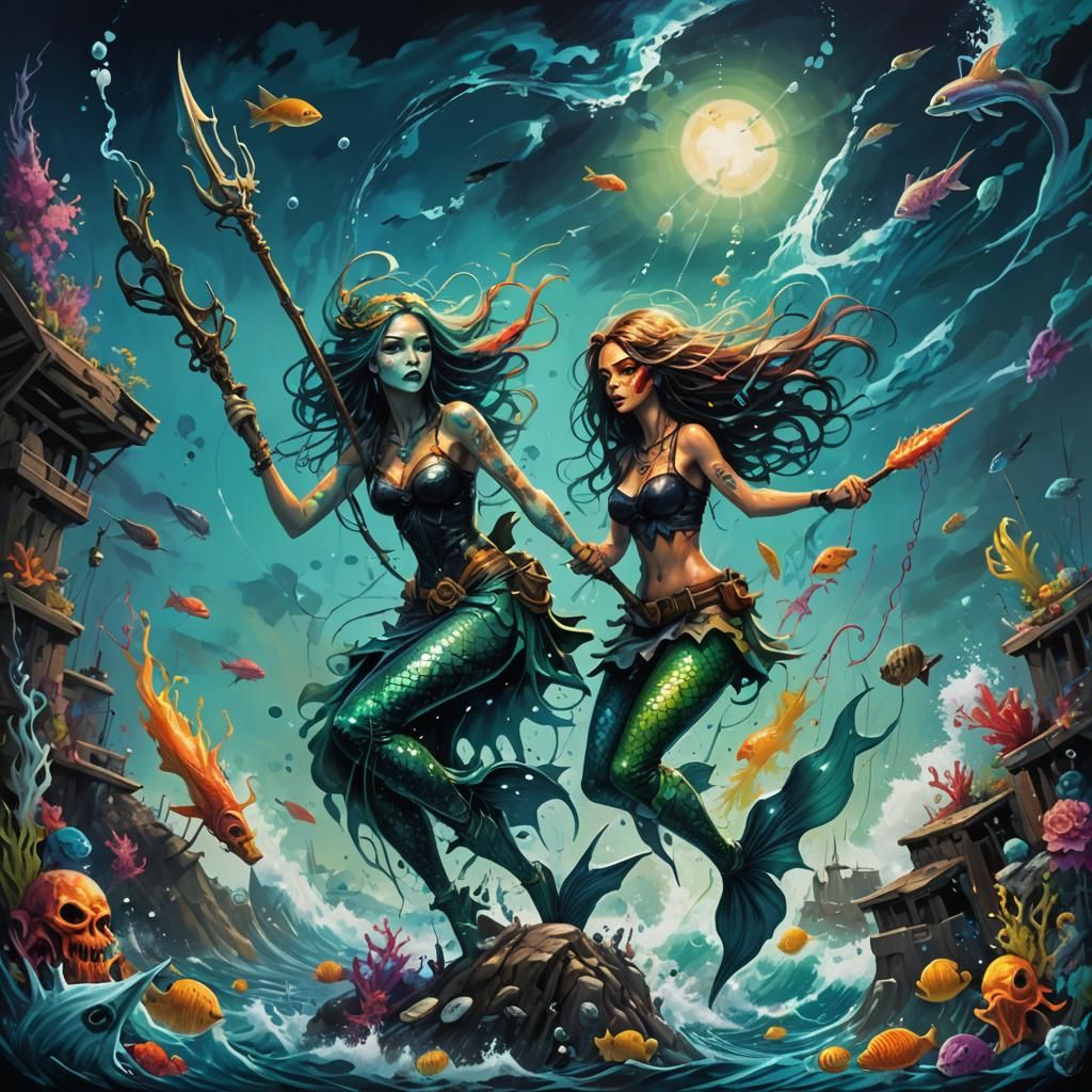 Mermaid Witch Escapes Fisherman in Graffiti Art Style