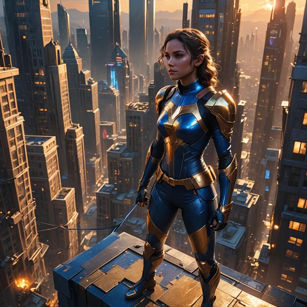 Superheroine with Bow on Skyscraper, Digital Matte Painting